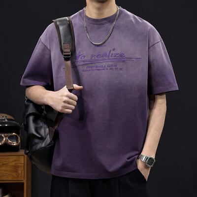 MR.MUDI/穆迪先生重磅复古水洗渐变纯棉短袖T恤男宽松圆领印花上