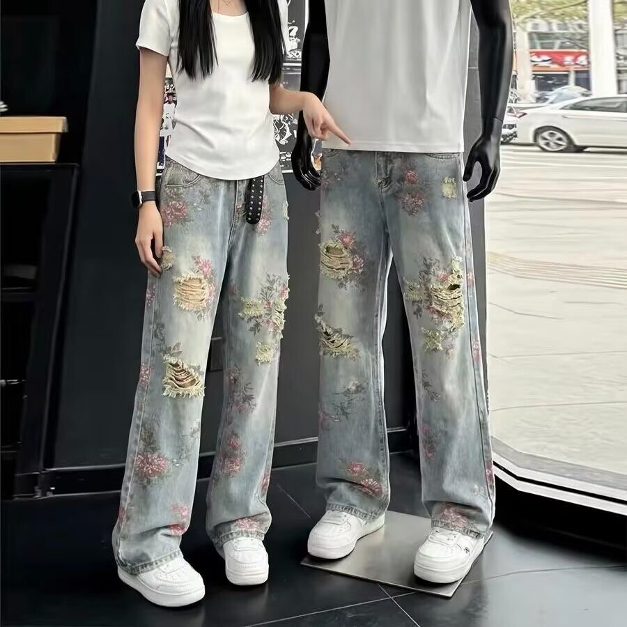 高街牡丹花设计破洞ins牛仔裤男款高街裤子大码胖子cleanfit长裤