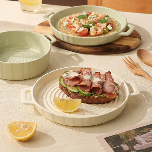 熊谷组陶瓷奶油风双耳烤盘