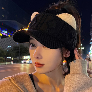 帽子女空顶鸭舌帽秋冬季骑行保暖可扎马尾毛绒棒球帽大头围显脸小