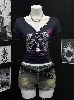 欧美街头个性翅膀印花连帽卫衣辣妹Y2K百搭运动休闲上衣T恤