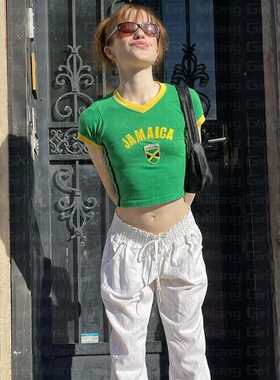 夏季短款美式辣妹内搭露脐短袖t恤Y2K圆领套头衣服打底女装刺绣服