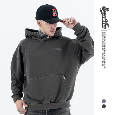 FG男装|2025秋冬新品潮牌纯色高街水洗重磅小logo刺绣连帽卫衣男