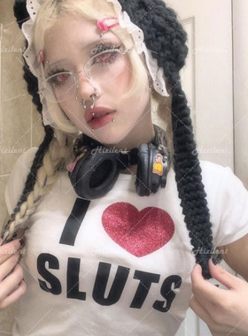 欧美t恤女2022夏季女装短袖字母印花短款露脐修身原宿fu女装