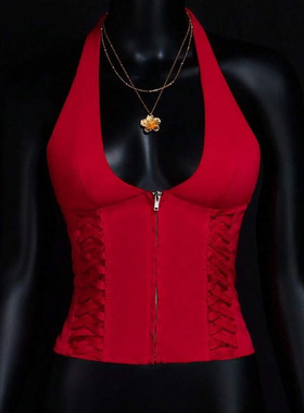 欧美跨境街头个性辣妹性感设计感无袖拉链挂脖短款修身显瘦背心