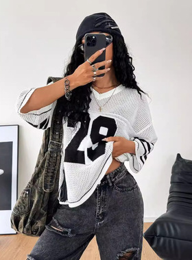 美式亚马逊跨境镂空辣妹宽松新款条纹数字29v字领针织毛衣