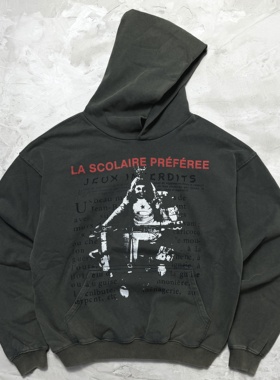 ERD忧郁的富二代人物字母印花水洗做旧磨破复古加绒连帽衫卫衣 潮