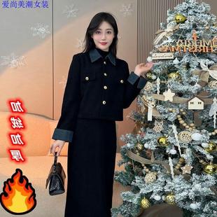 秋冬季新款新中式加绒加厚连衣裙套装胖mm大码国风收腰裙子两件套