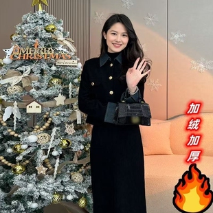 大码套装裙女冬季加绒时髦宽松胖MM牛仔拼接POLO领外套开衫两件套