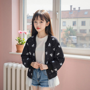 女童蝴蝶结满印外套2025春秋款中大童立领夹克棒球服网红时髦上衣