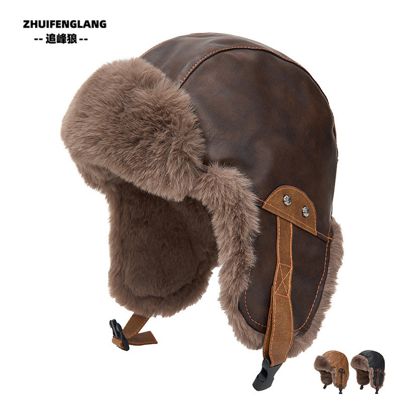 追峰狼冬季PU皮质飞行员雷帽子