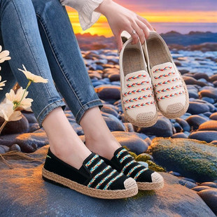春秋老北京女士布鞋亚麻刺绣民族风防滑透气一脚蹬渔夫鞋帆布鞋