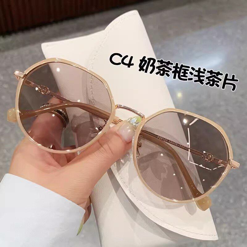 新款奶茶色2024女式可配有度数偏光太阳眼镜女超轻圆框显瘦/女潮