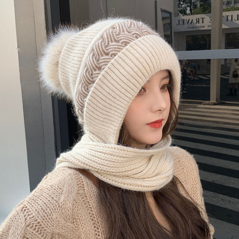 冬季帽子女围巾耳罩时尚款风雪围脖一体帽毛线针织套帽保暖护耳帽
