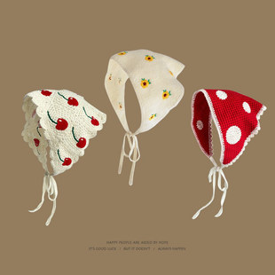 法式樱桃三角巾女春秋出游亲子款针织钩花镂空文艺头巾发带包头帽