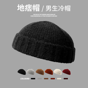 毛线帽男款冬天针织瓜皮帽日系圆顶大头围街头地主雅痞帽黑色帽子