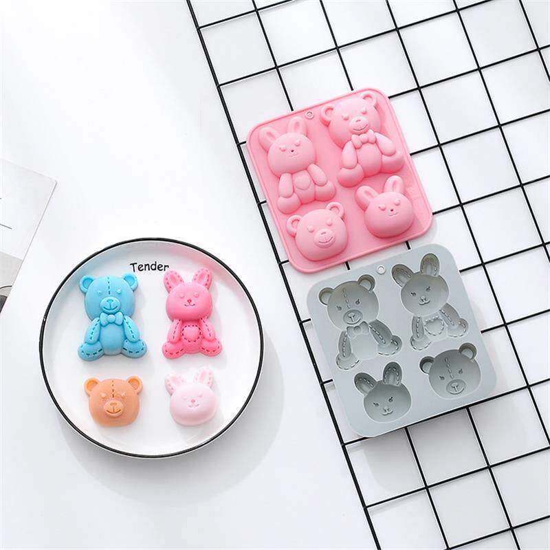 新品 卡通4连兔子小熊硅胶蛋糕模具手工皂模布丁慕斯烘焙滴胶模具