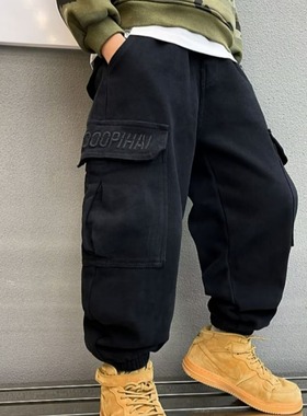 男童春秋款黑色工装裤2025新款中大童时髦休闲裤韩版洋气炸街裤子