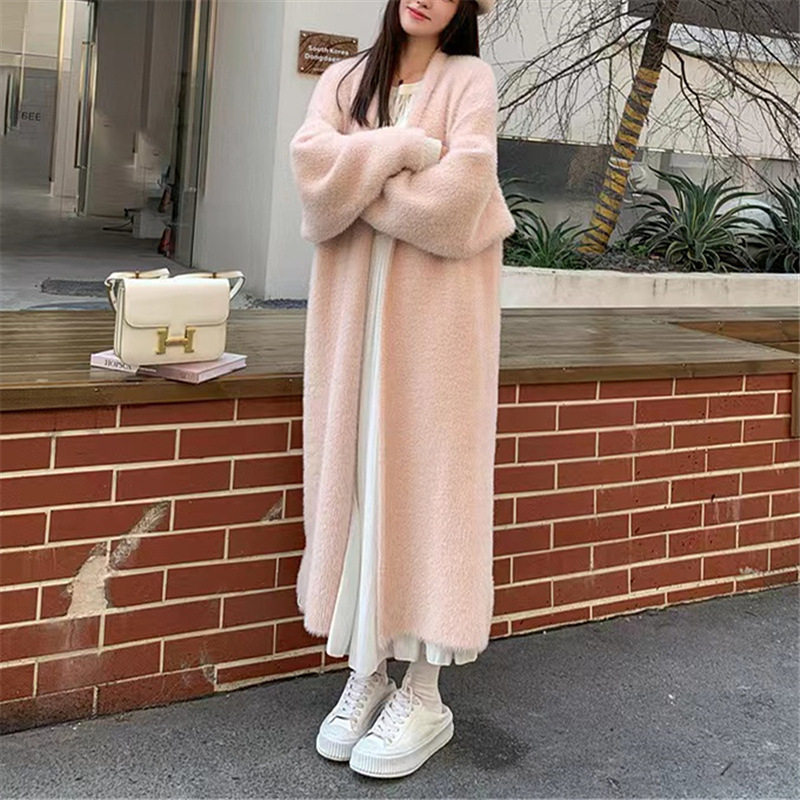 秋冬过膝仿水貂绒针织开衫女韩版宽松中长款慵懒风软糯毛衣外套女