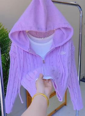 秋冬韩版设计感拉链连帽麻花毛衣外套开衫紫色甜美温柔风针织衫女