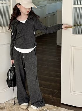 女童套装秋装2025春秋新款儿童深灰色运动装大童女孩秋季休闲上衣