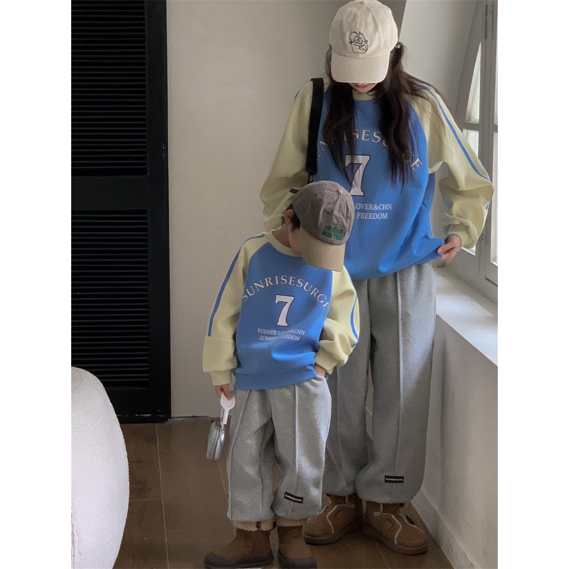 春秋新款条纹数字拼色中性男宝女宝亲子一家三口卫衣韩版潮流卫衣