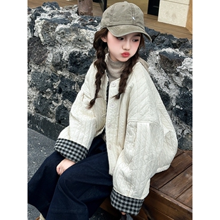 女童冬装棉服外套2025新款儿童中大童休闲流行格子拼接女孩棉衣