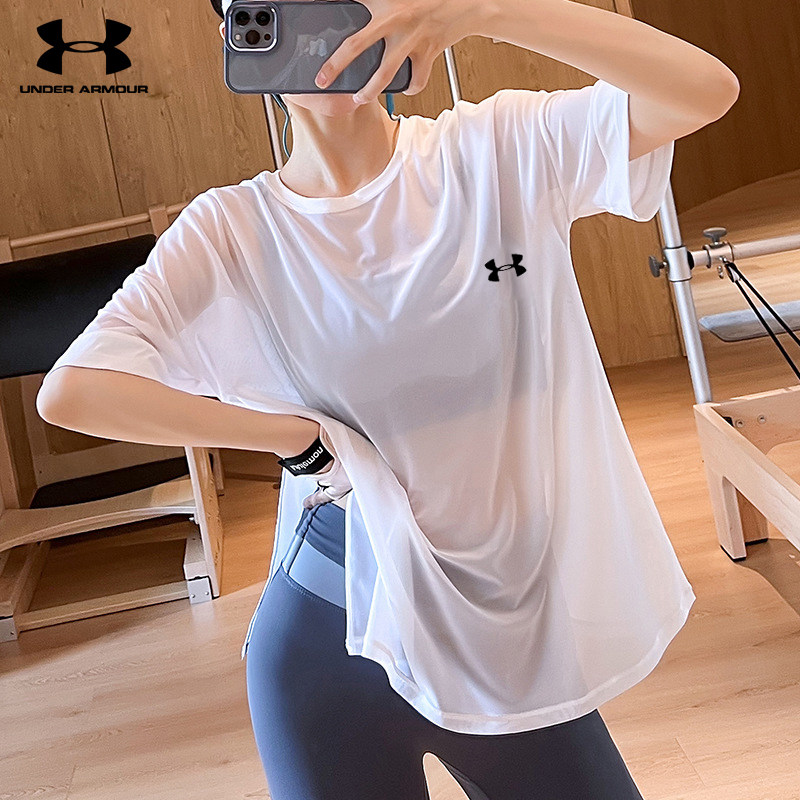安德玛运动短袖t恤女网纱瑜伽训练宽松健身跑步罩衫薄纱速干上衣