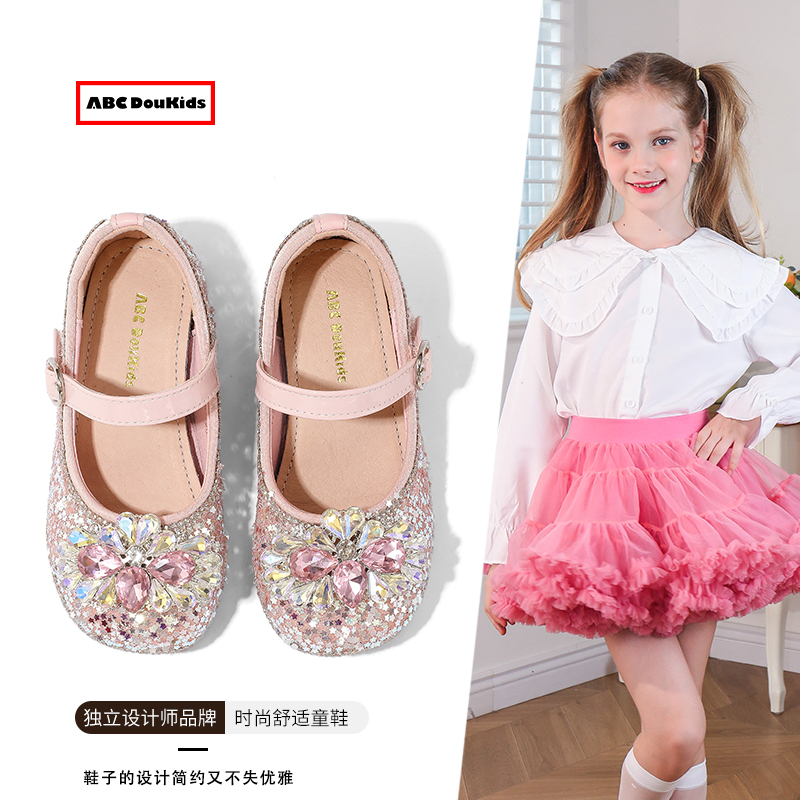 儿童小高跟水钻鞋闪亮水晶软底鞋