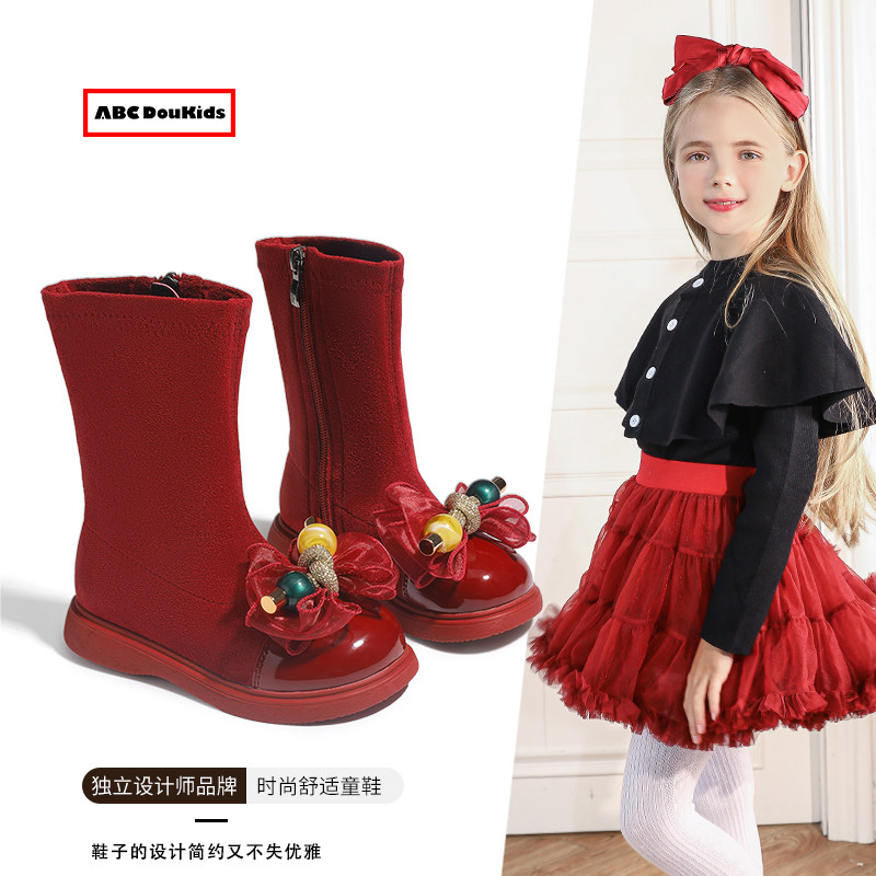 ABCdoukids女童靴子红色绒面软底儿童公主靴2025秋冬洋气长筒靴子