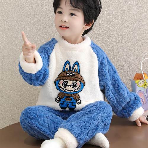 男童珊瑚绒睡衣冬男孩拉布布家居服保暖套装儿童宝宝加厚睡衣冬季