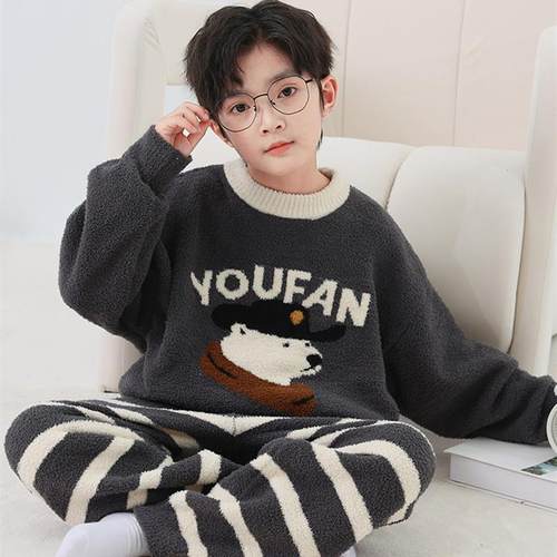 男童秋冬款珊瑚绒睡衣套装2025新款大童冬季加绒儿童法兰绒家居服