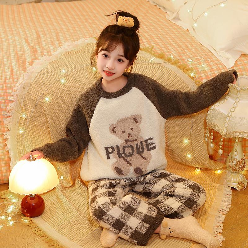 女童睡衣秋冬季2024新款珊瑚绒大儿童家居服半边绒加厚小孩法兰绒
