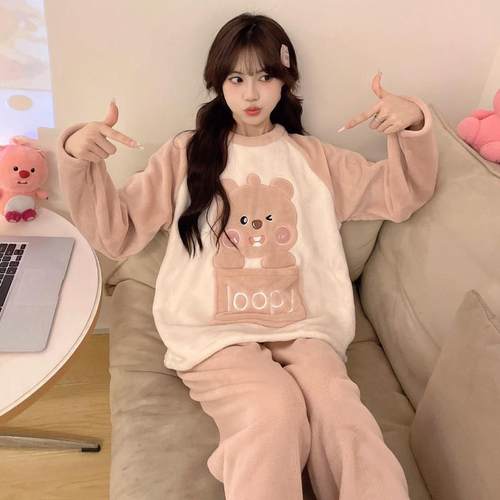 初中生女孩冬天大童法兰绒睡衣长袖儿童薄绒保暖秋冬季珊瑚绒套装