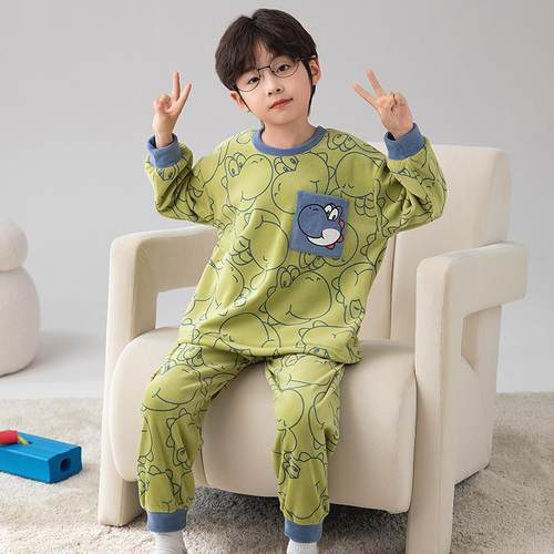 2024新款儿童睡衣秋冬季款海岛绒加厚套装男孩法兰绒珊瑚绒家居服