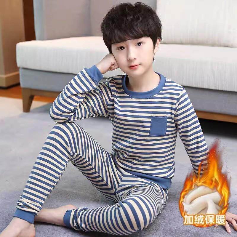 男童睡衣条纹保暖内衣加绒秋冬2023中大童秋衣秋裤圆领套头两件套