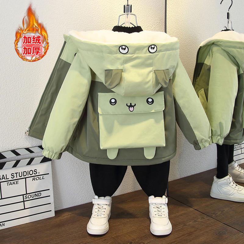 男女宝宝秋冬新款韩版加绒外套女童可爱大口袋笑脸熊印花宽松棉服