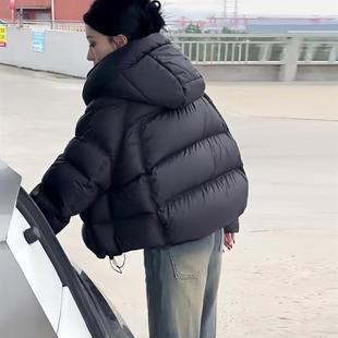黑色短款羽绒棉服女2025冬季新款棉衣加厚连帽宽松面包服上衣外套