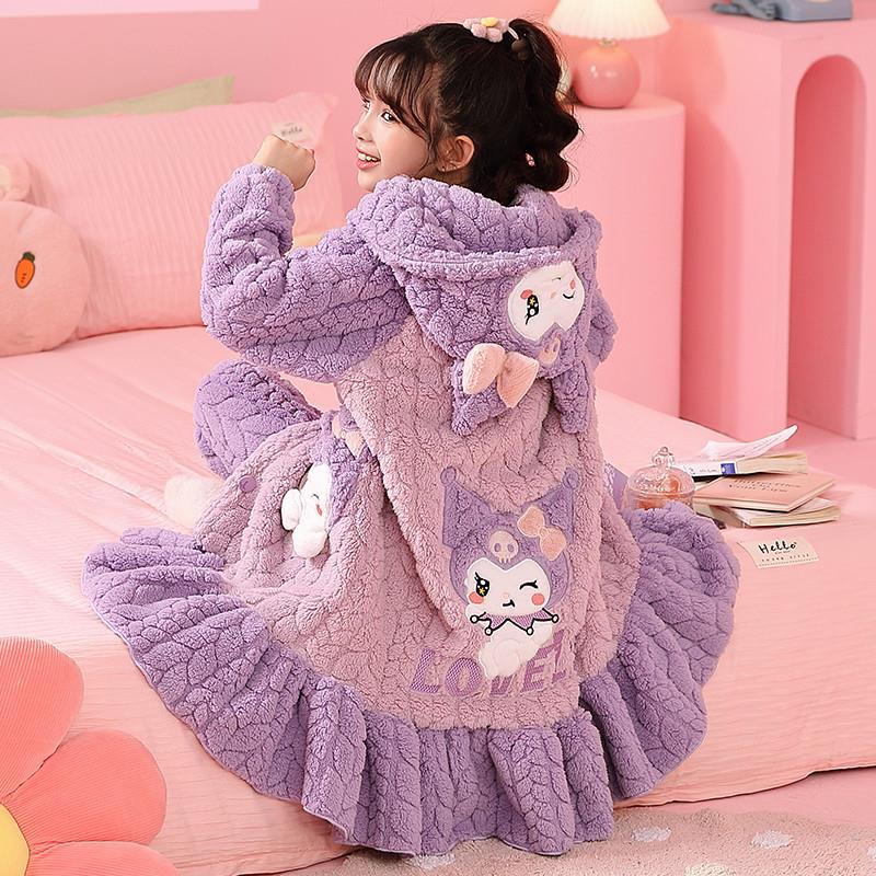 女童睡衣儿童女孩睡袍冬季加绒加厚珊瑚绒小孩库洛米法兰绒家居服