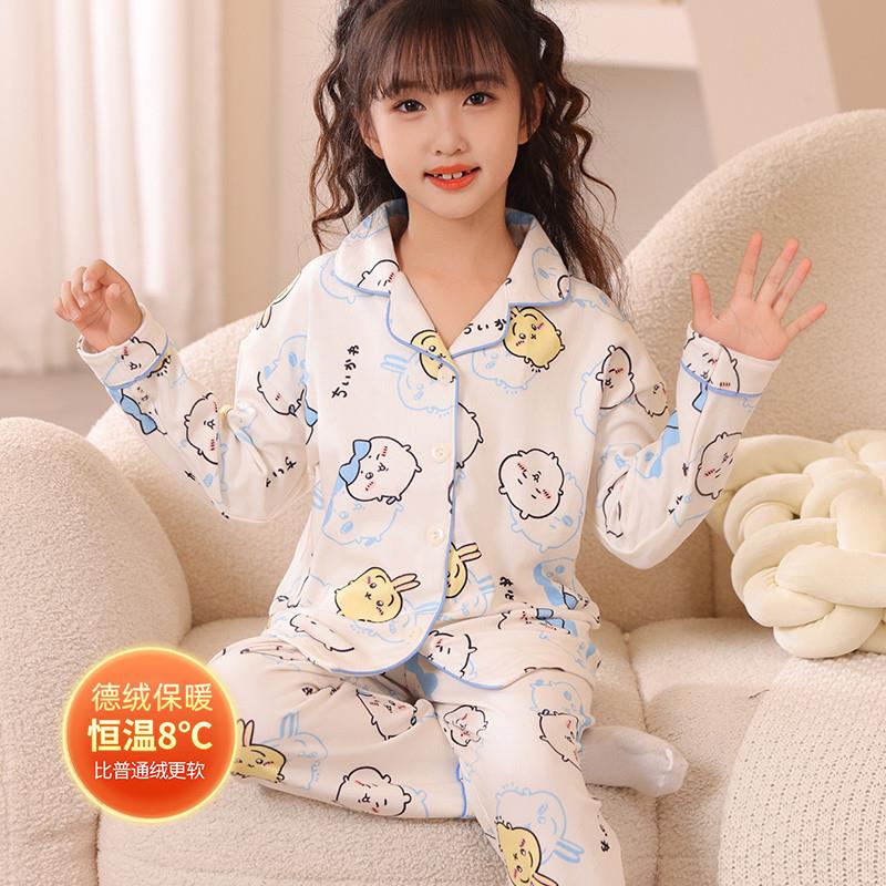 儿童睡衣秋冬开衫翻领德绒加厚卡通吉伊小八中大童保暖女孩家居服