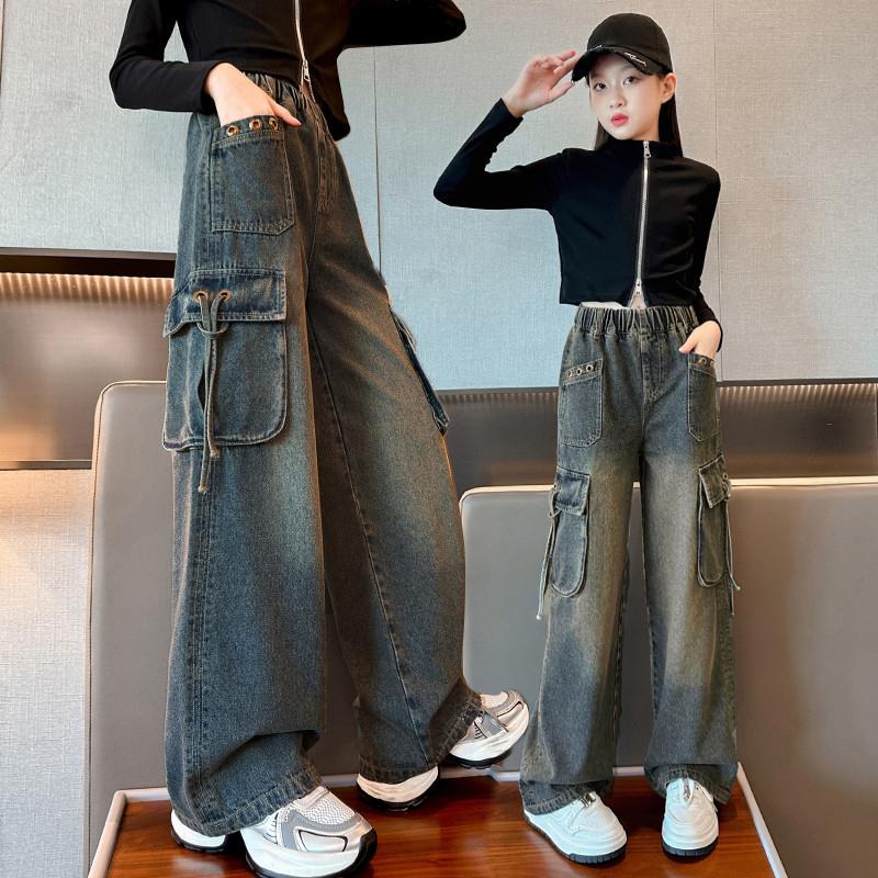 女童工装裤春秋女大童秋款牛仔裤潮酷宽松阔腿裤休闲秋季儿童裤子