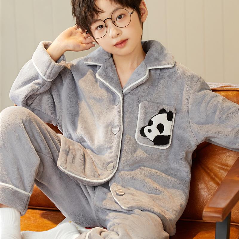 秋冬季男童法兰绒加厚睡衣儿童中大童卡通熊猫青少年珊瑚绒家居服