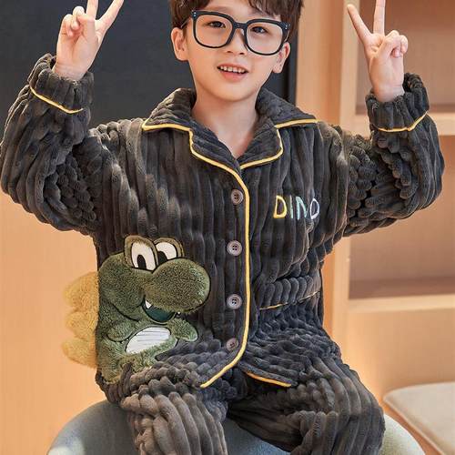 男童珊瑚绒开衫翻领睡衣儿童冬季卡通鳄鱼男孩法兰绒家居服两件套