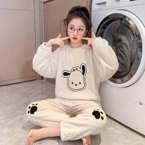 儿童秋冬睡衣套装2024新款女孩中大童加厚法兰绒女童珊瑚绒家居服