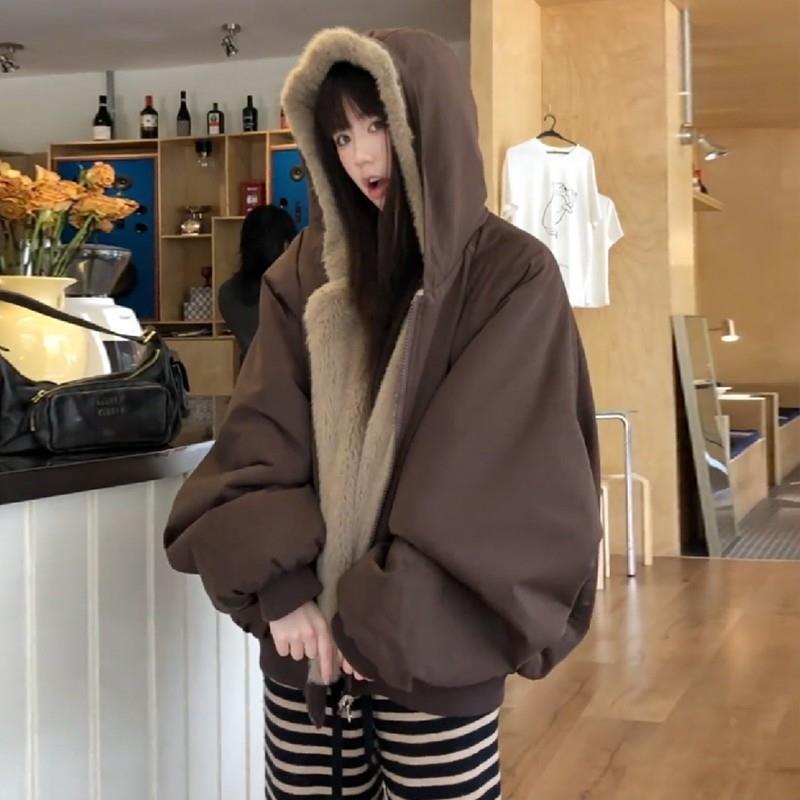 秋冬大码250斤座山雕毛毛棕色连帽棉服外套男加绒加厚派克服上衣