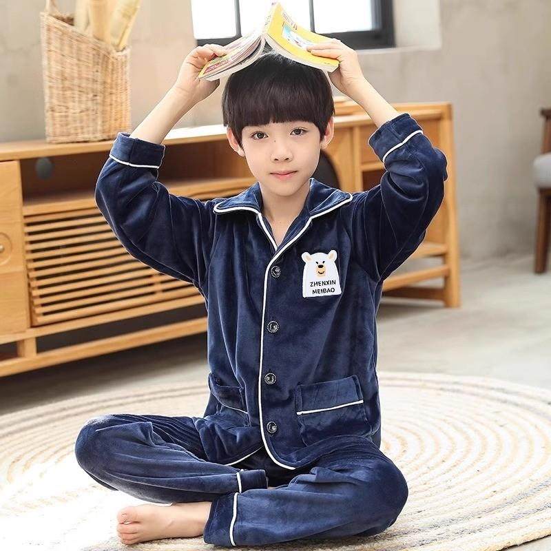 儿童珊瑚绒睡衣男童法兰绒秋冬款中大童睡袍男孩加绒家居服卡通暖