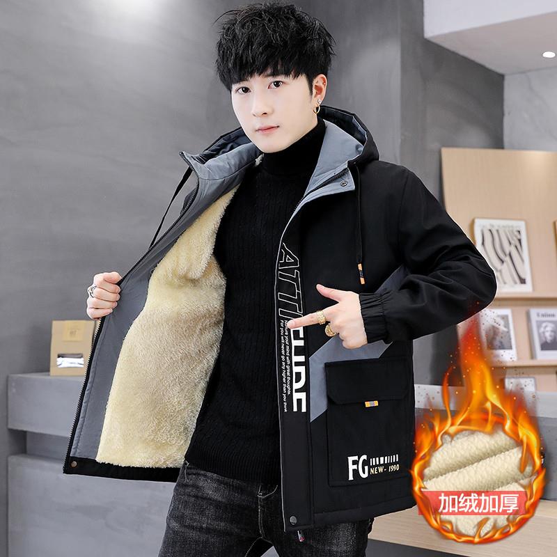 加绒加厚外套男秋冬季2025新款短款连帽夹克青少年棉衣男士派克服