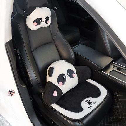 可爱熊猫汽车头枕冬季加绒保暖坐垫四季通用创意车载头枕网红女士