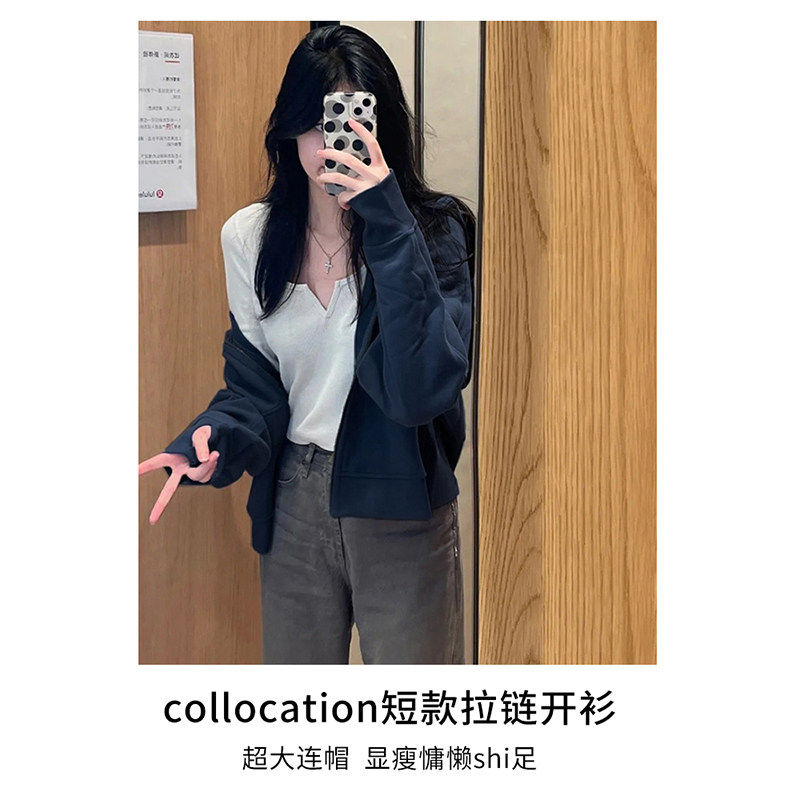 藏青春季春装正肩薄外套女款短版卫衣小个子上衣韩系开衫2026新款