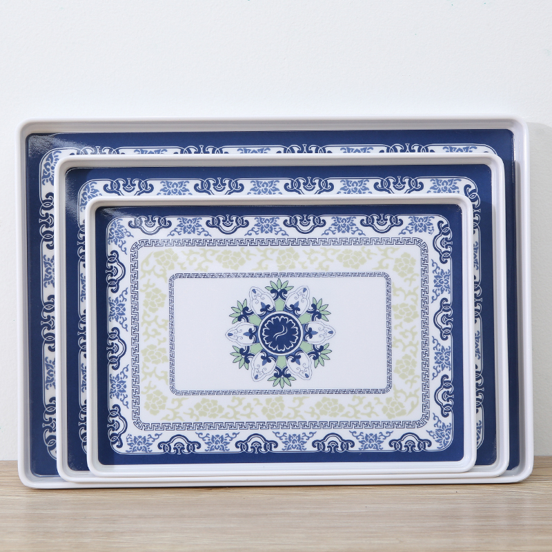 青花中式托盘塑料家用客厅长方形放茶杯茶盘水杯密胺钥匙串珠盘子